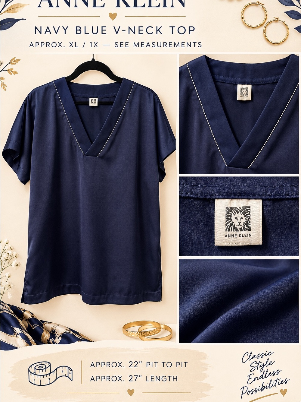 Anne Klein Navy Blue V-Neck Blouse with Contrast Stitching